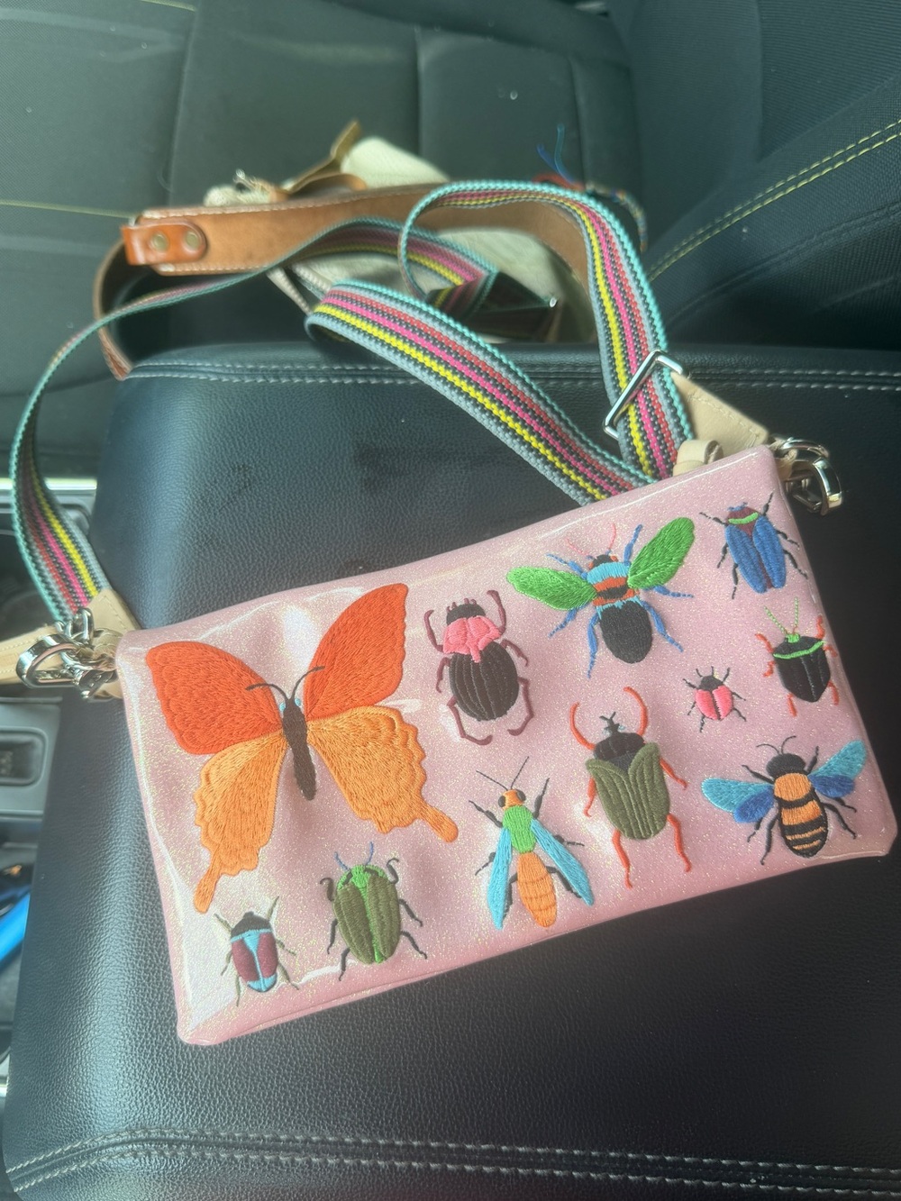 Consuela Pink Embroidered Insect Wristlet Clutch
